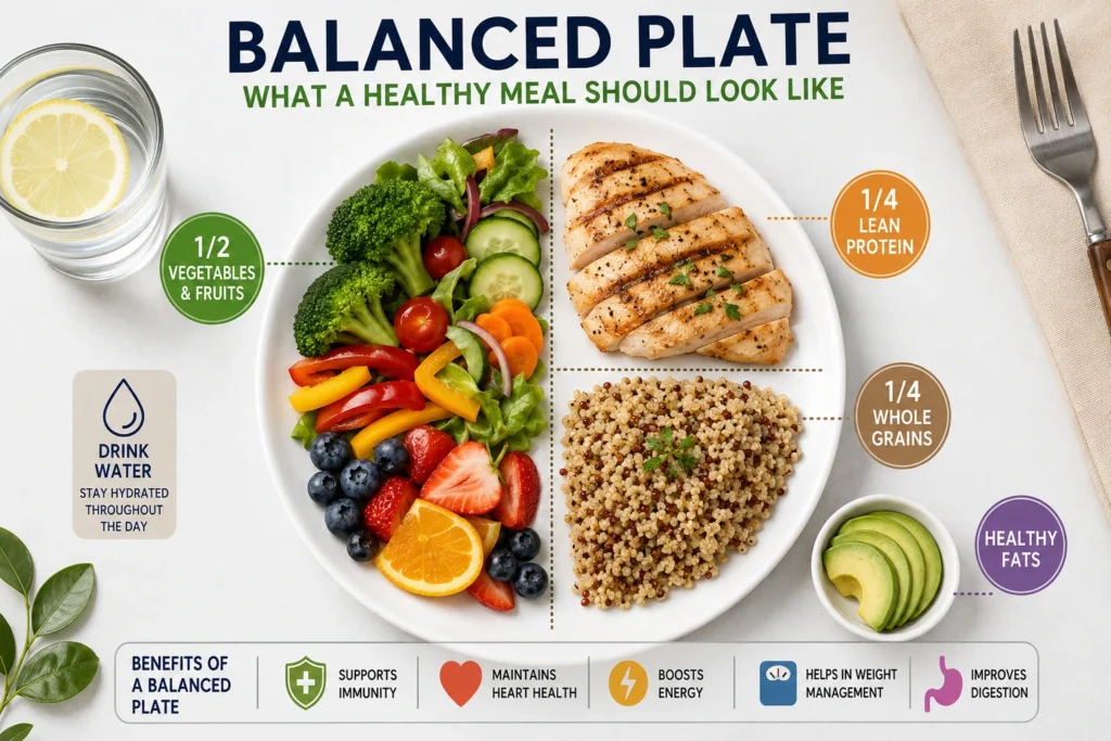 Balanced plate with vegetables, lean protein, whole grains, healthy fats, and colorful fruits for healthy eating.