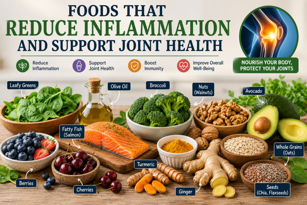 A healthy selection of anti-inflammatory foods for joint health including salmon, berries, leafy greens, turmeric, olive oil, nuts, and broccoli.