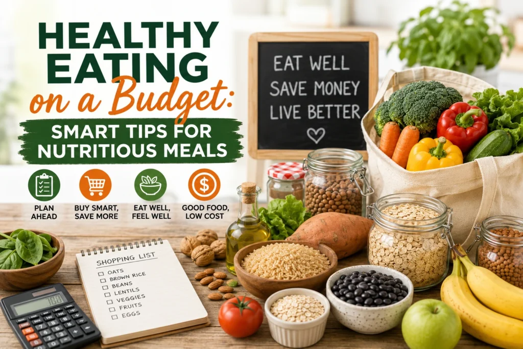 Healthy Eating on a Budget with affordable nutritious foods including oats, beans, vegetables, rice, eggs, and fresh fruits