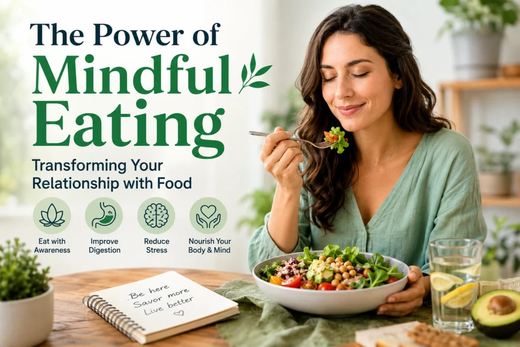 Person practicing mindful eating by enjoying a healthy balanced meal without distractions at a dining table.