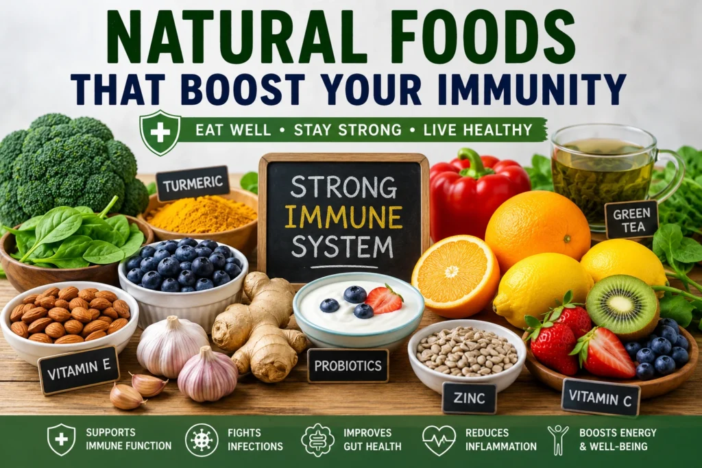 Natural foods that boost immunity including citrus fruits, garlic, ginger, spinach, yogurt, berries, turmeric, almonds, and green tea