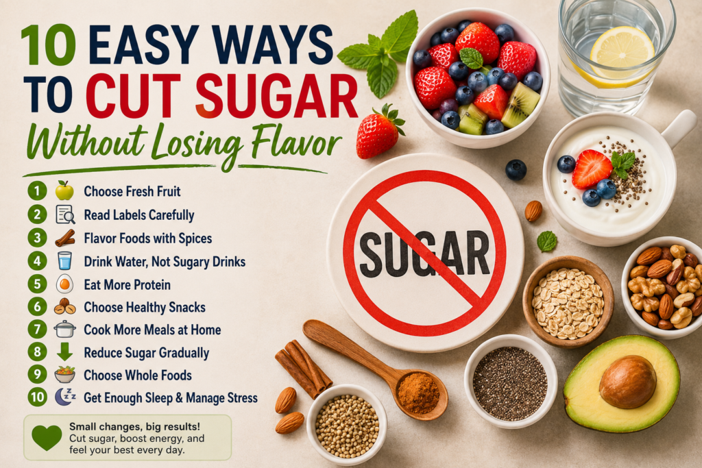 How to Cut Sugar: Healthy low-sugar foods including fresh fruit, yogurt, cinnamon, nuts, and herbal tea arranged on a kitchen table to help reduce sugar intake naturally